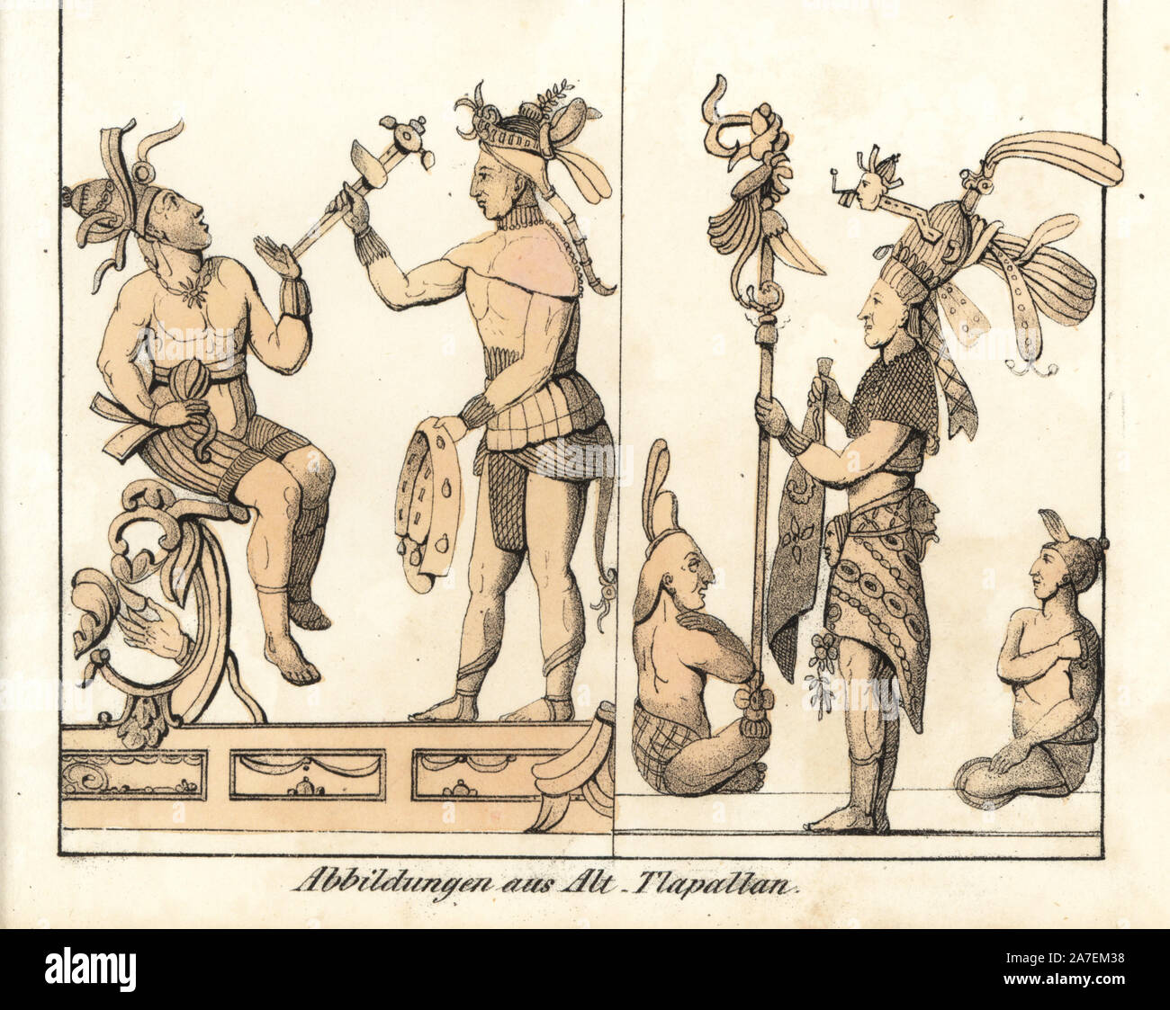 Illustrations de Tlapallan, au Mexique. Lithographie coloriée de Friedrich Wilhelm Goedsche Vollstaendige Völkergallerie « dans getreuen Abbildungen' (Galerie complète des peuples autochtones en vrai photos), Meissen, circa 1835-1840. Goedsche (1785-1863) était un écrivain allemand, libraire et éditeur à Meissen. La plupart des illustrations ont été adaptés à partir de Bertuch's 'Bilderbuch fur Kinder' et d'autres. Banque D'Images