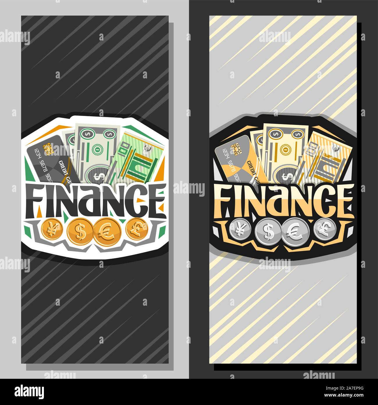 Bannières vecteur aux finances, carte de débit en plastique, papier dessin animé de billets dollar USA, 100 euro européen, de l'or et l'argent des signes de la livre sterl Illustration de Vecteur
