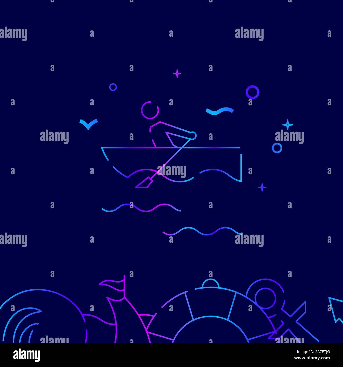 Bateau à rames sur l'icône de la ligne de gradient vectoriel, illustration, symbole ou pictogramme, signe. Fond bleu foncé. Bordure inférieure connexes. Illustration de Vecteur