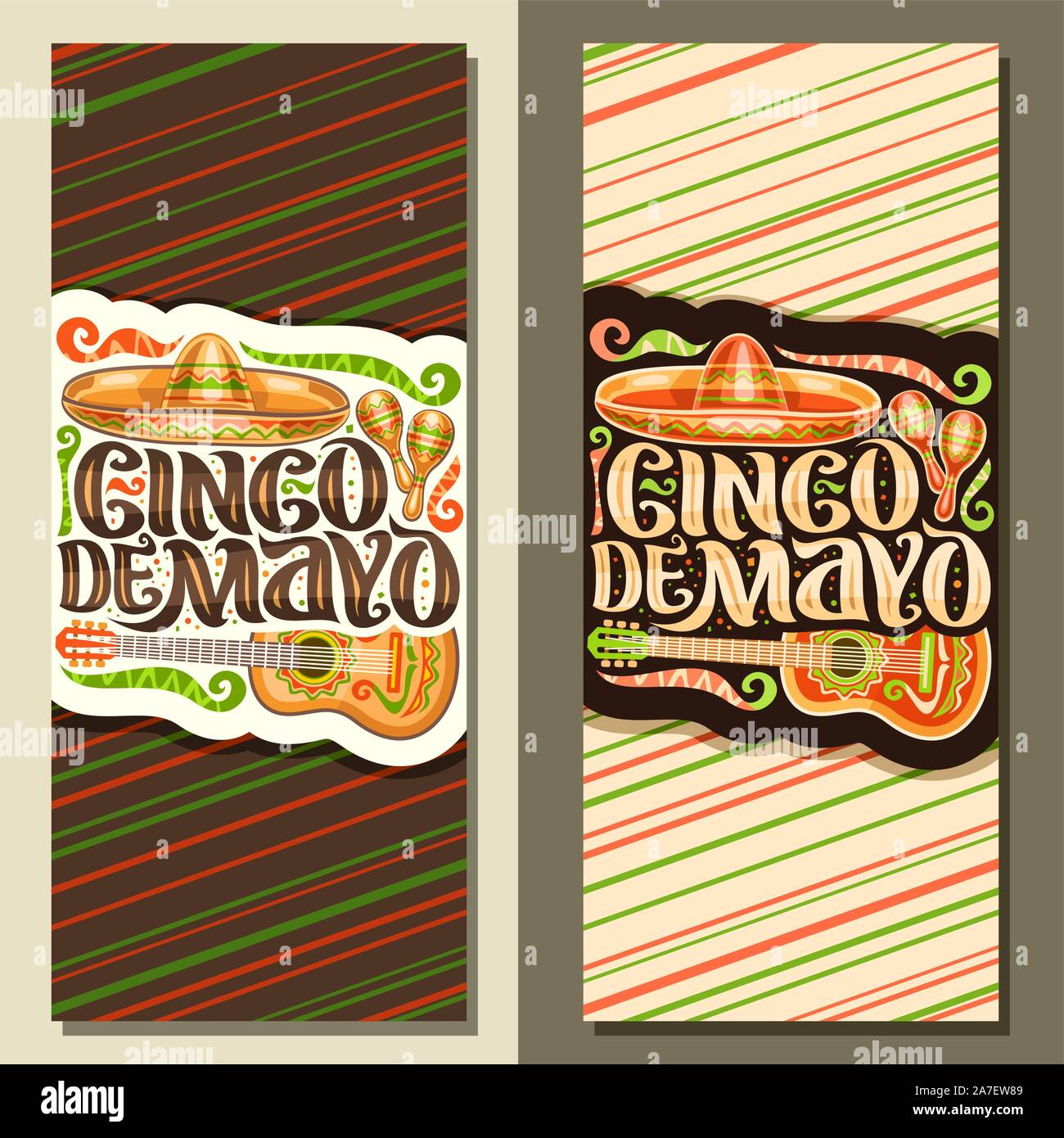 Vector bannières pour vertical de Cinco de Mayo, la mise en page avec ornement ethniques, illustration de Mexican Hat, guitare et maracas, lettre de la brosse d'origine Illustration de Vecteur