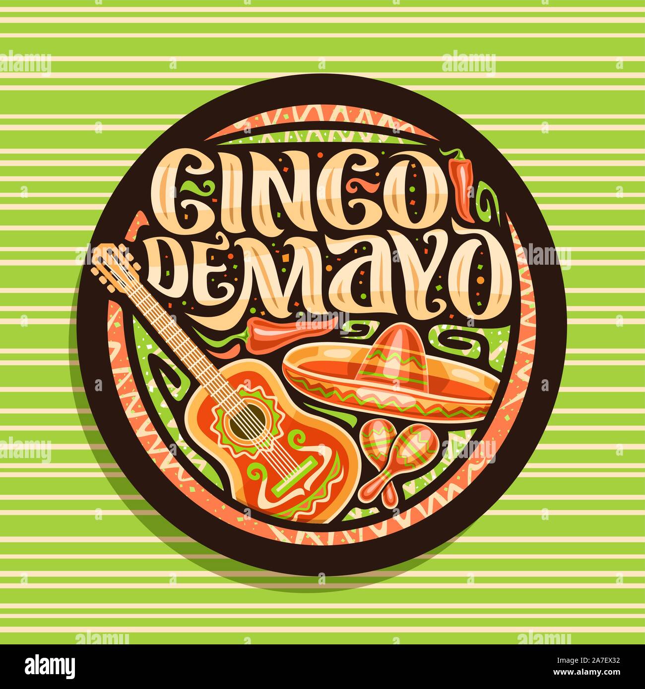 Logo Vector pour vacances Cinco de Mayo, sombre décoratif icône avec ornement ethniques, illustration de Mexican Hat, guitare et maracas, pinceau original lett Illustration de Vecteur