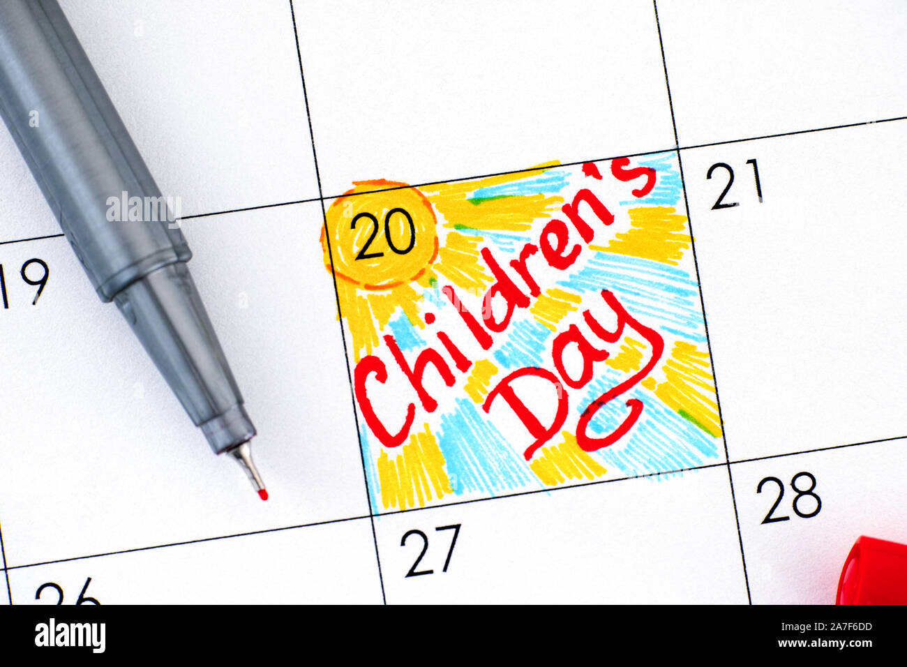Pour les enfants en journée rappel calendrier avec le stylo rouge. Le 20 novembre. Banque D'Images