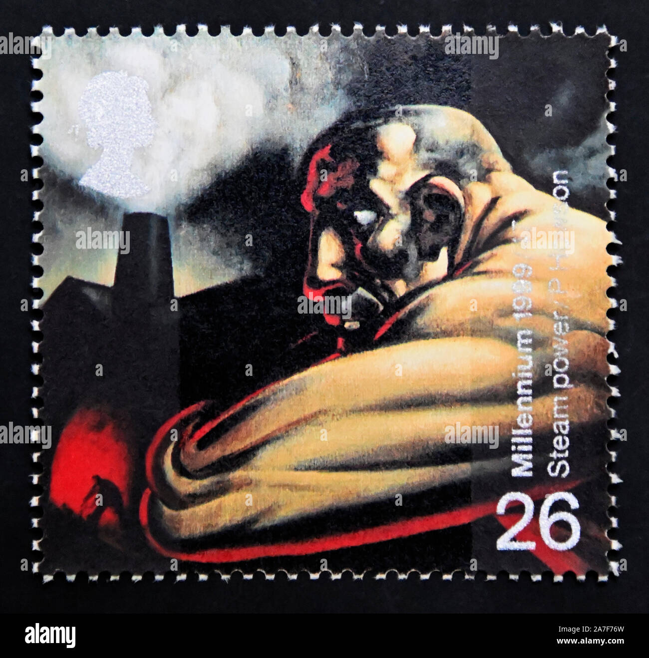 Timbre-poste. La Grande-Bretagne. La reine Elizabeth II. Série du Millénaire. L'Inventors' tale. Travailleur de l'industrie et les hauts fourneaux. (James Watt). Banque D'Images