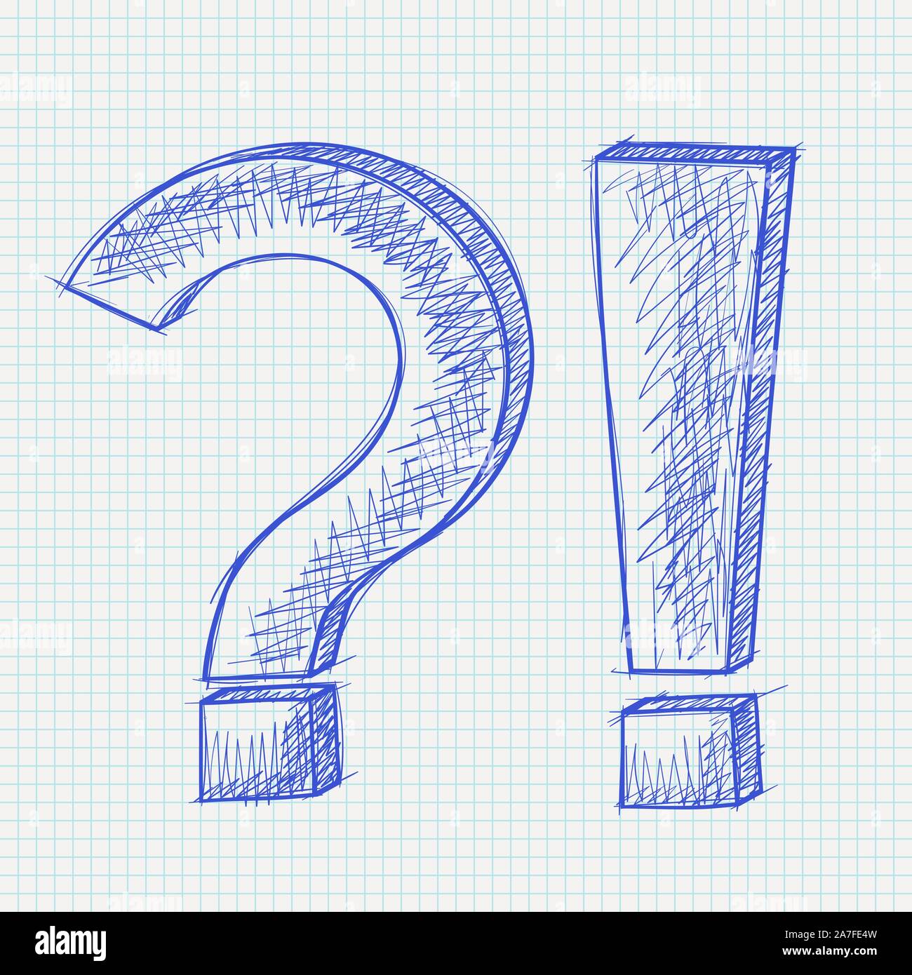 Question et d'Exlamation marques. Main bleu croquis sur papier ligné background Illustration de Vecteur