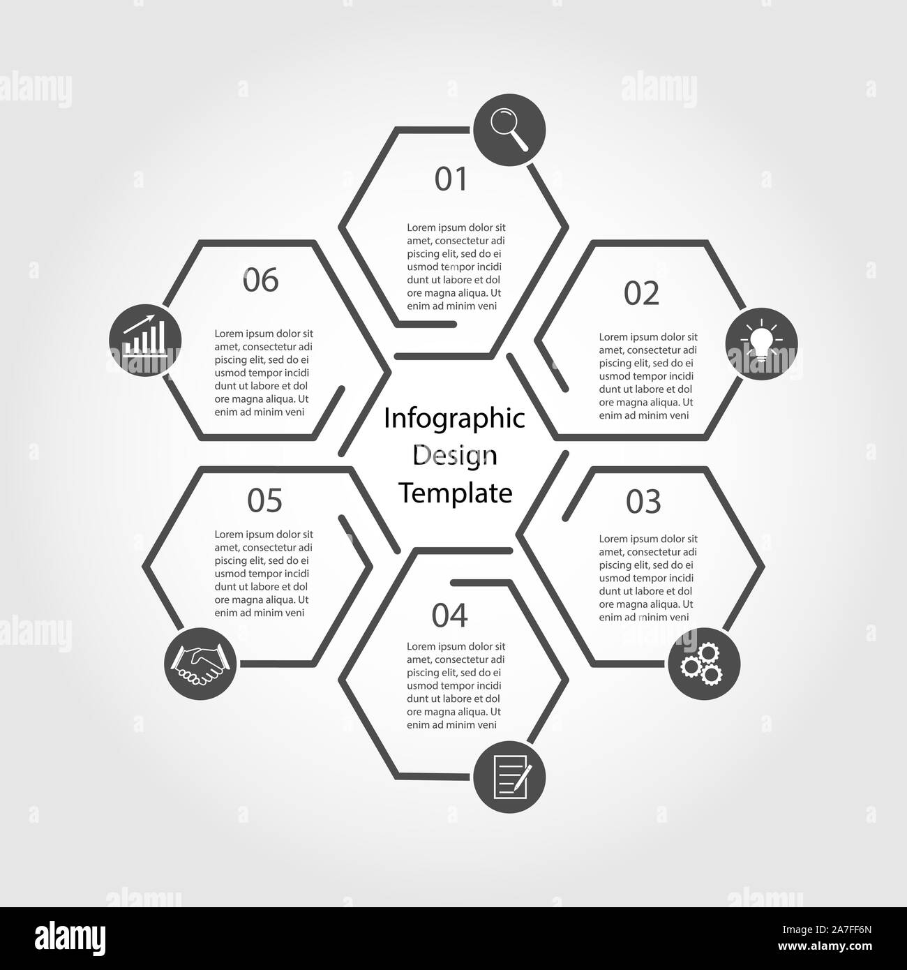 Modèle de conception infographique. Six étapes de l'entreprise avec succès, la formation ou la promotion du projet. Modèle plat. Illustration de Vecteur