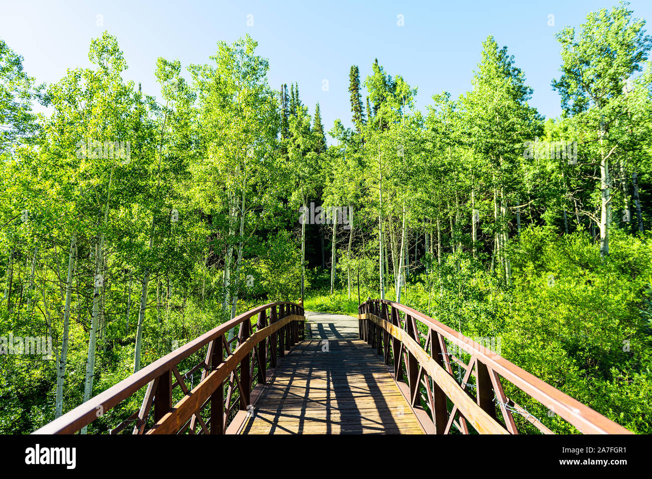 Petite ville de Snowmass village à Aspen dans le Colorado trail Brush Creek downtown avec pont en bois vides en vue d'été par tree forest Banque D'Images