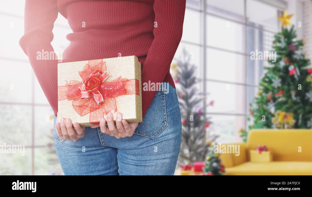 Jeune femme se cachant derrière, boîte cadeau surprise cadeau de Noël Banque D'Images