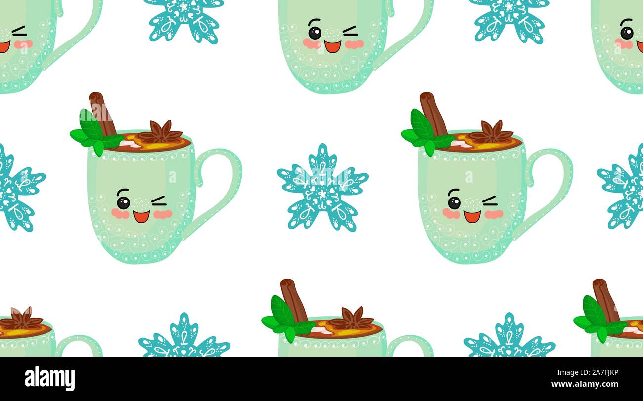Nouvelle année modèle homogène. Boissons d'hiver. Les guimauves, la cannelle et chocolat chaud. Offres de Noël. Flocons de la cuisson. Tasse rose caractère.. Illustration de Vecteur