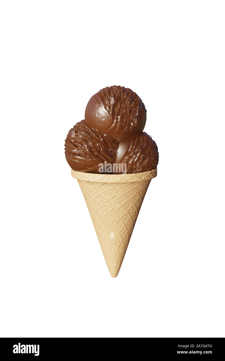 Boules délicieux très détaillées de crème glacée au chocolat dans un cornet gaufré isolé sur un fond blanc. 3d illustration Banque D'Images