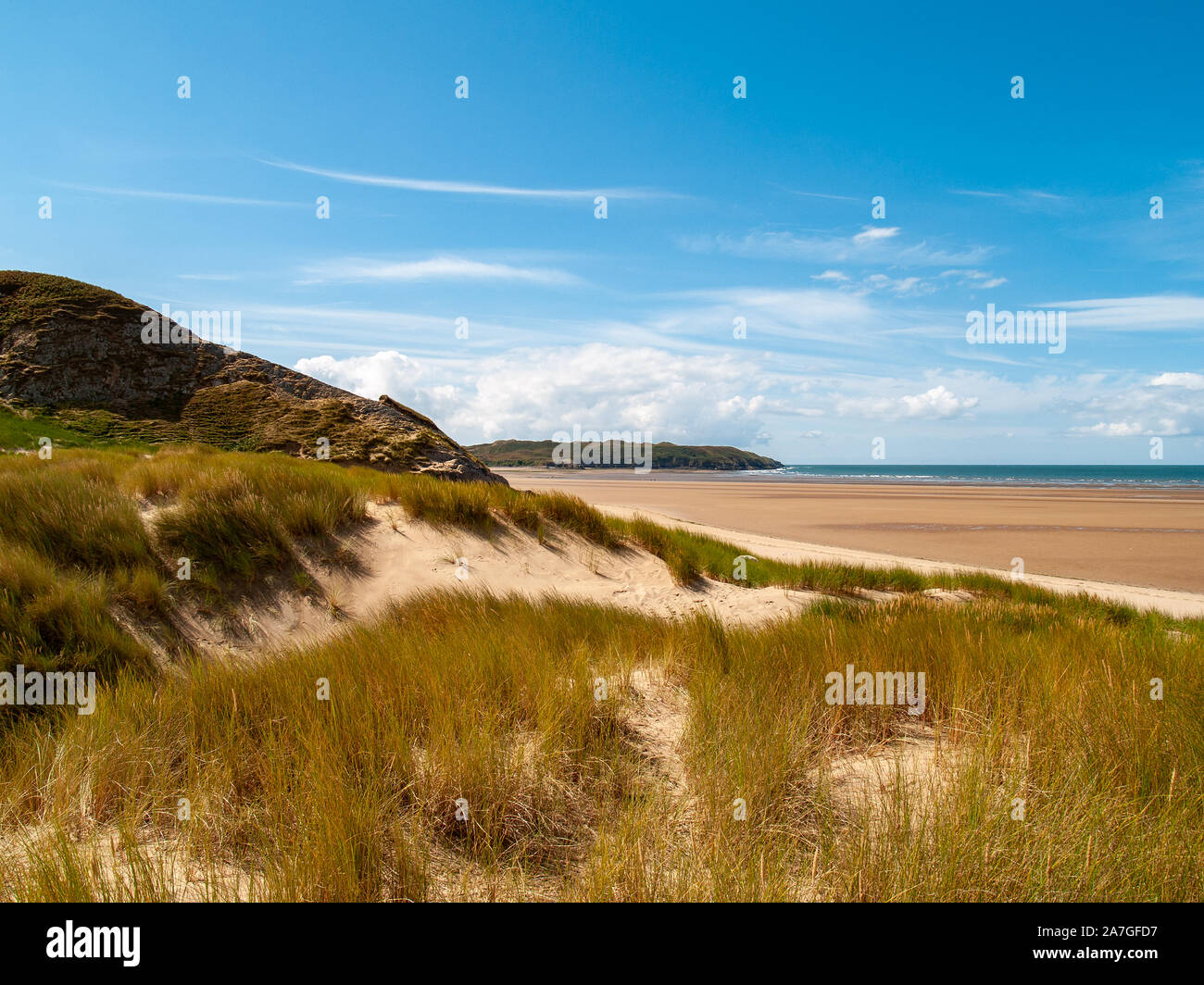 Whiteford sur Sands à sud-ouest vers la baie de Broughton. L'ammophile sur les dunes. AONB. Llanmadoc, North Gower, Pays de Galles, Royaume-Uni. Banque D'Images