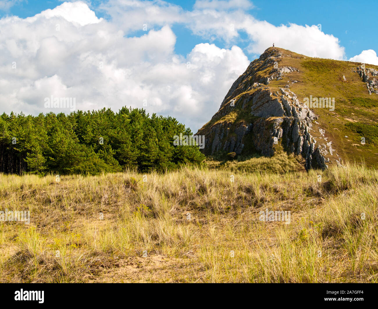Un randonneur sur le haut d'une colline près de Llanmadoc Whiteford, Burrows Réserve naturelle nationale sur la gauche. AONB. Llanmadoc, North Gower, Pays de Galles, Royaume-Uni. Banque D'Images