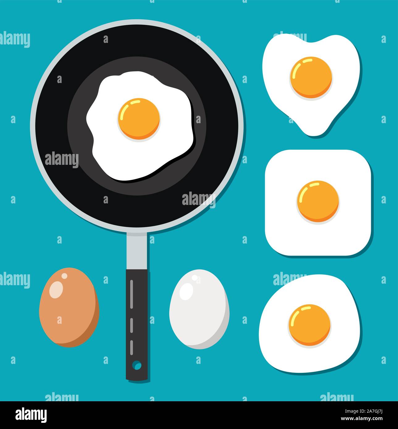 Vector collection d'oeufs entiers, d'œufs au plat et poêle isolé sur fond bleu. oeuf de poule icons Illustration de Vecteur