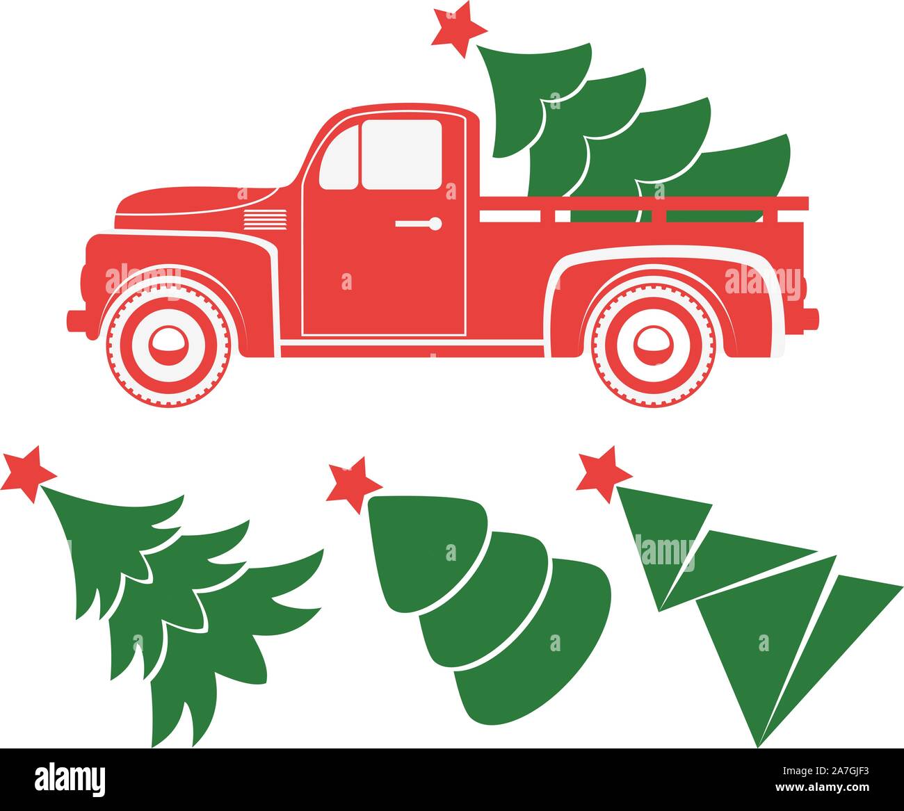 Vector vintage pickup truck livraison de sapin de Noël. vieille voiture rouge avec maison de sapin et d'un ensemble d'arbres supplémentaires pour cartes rétro, bonne année Illustration de Vecteur