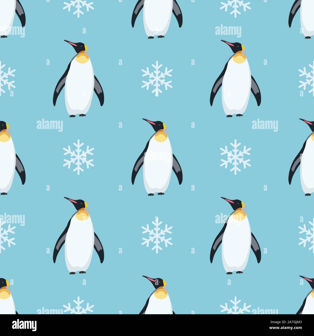 Transparente avec motif vecteur hiver pingouin oiseaux et flocons. personnage de polar penguin isolé sur fond bleu. répétant sans t Illustration de Vecteur