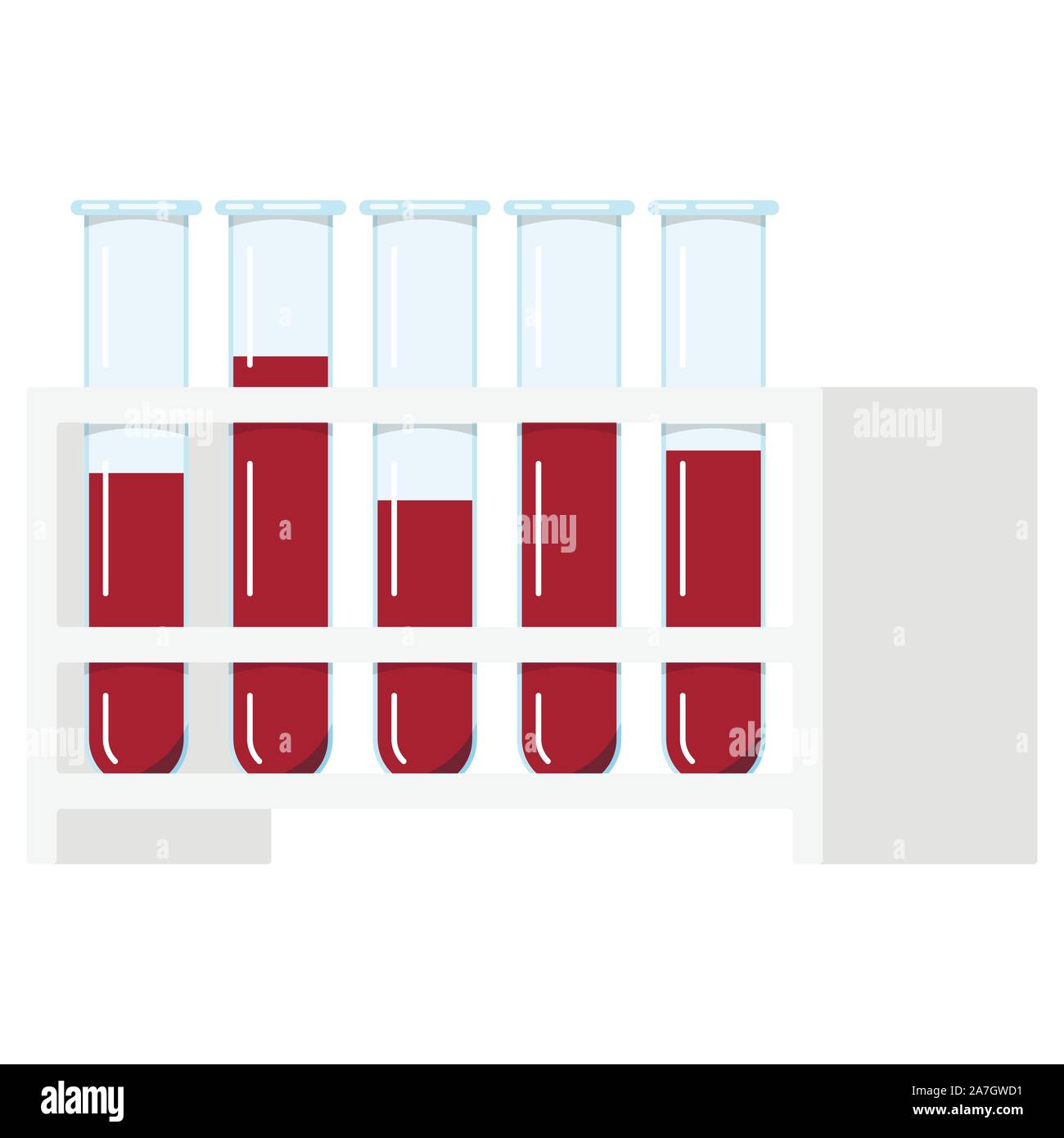 Tubes à essai en verre de laboratoire Sciences rempli de sang rouge ou réactifs liquides dans un rack isolé sur fond blanc. Illustration de Vecteur