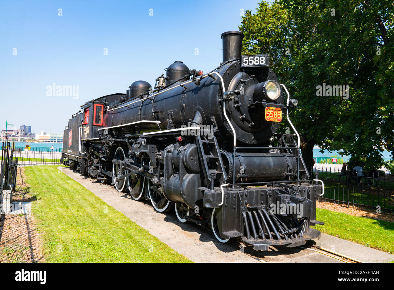 Windsor, Canada - le 21 septembre 2019 : l'esprit historique de Windsor locomotive à vapeur le long des rives de la rivière Detroit Banque D'Images