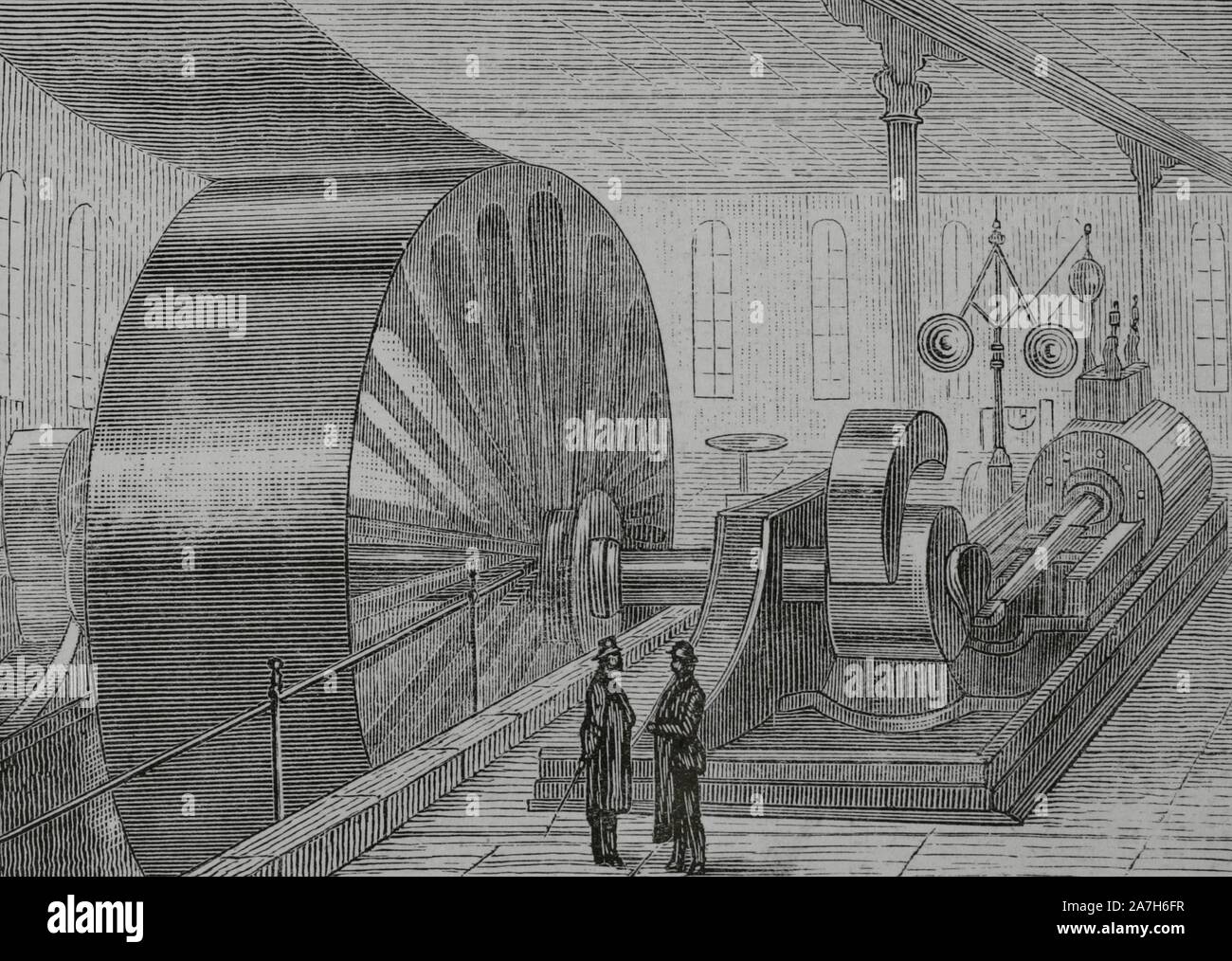 Alemania. Quartier de Lippe. Salzuflen. Fábrica de almidón de arroz de E. Hoffman y Compañía. Máquina de vapeurs, fuerza de 600 caballos (Correa, principal 1'80 metros de anchura). Del Dibujo por naturelles. Voiz. La gravure. La Ilustración Española y Americana, 30 de agosto de 1884. Banque D'Images