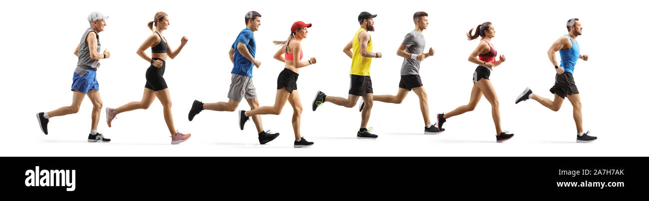 Profil de pleine longueur shot hommes et femmes xécutant un marathon isolé sur fond blanc Banque D'Images
