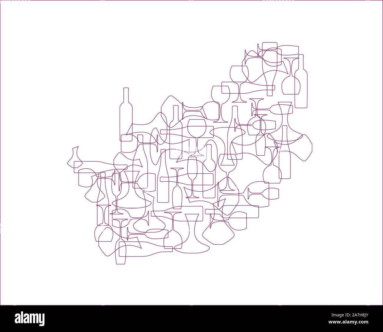 Vignerons Pays - cartes stylisées à partir de silhouettes de bouteilles de vin, des verres et des carafes. Carte de l'Afrique du Sud. Illustration de Vecteur