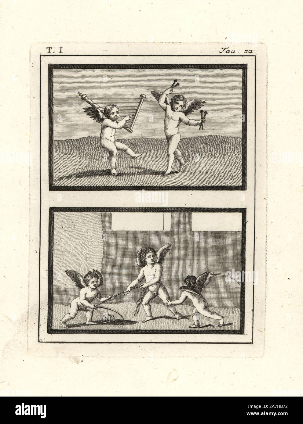 Ou génies de Cupids à jouer de la musique et des jeux. Au-dessus, Cupids danser tout en jouant un 10-string lyre et crotales, un instrument de percussion en bronze. Ci-dessous, trois cupidons jouent un jeu de traction d'un jeu à partir du sol. Gravée sur cuivre par Tommaso Piroli à partir de son propre 'Antichita di Ercolano" (antiquités d'Herculanum), Rome, 1789. L'artiste italien et graveur Piroli (1752-1824) a publié six volumes entre 1789 et 1807 documentation les peintures murales et des bronzes trouvés dans Heraculaneum et Pompéi. Banque D'Images