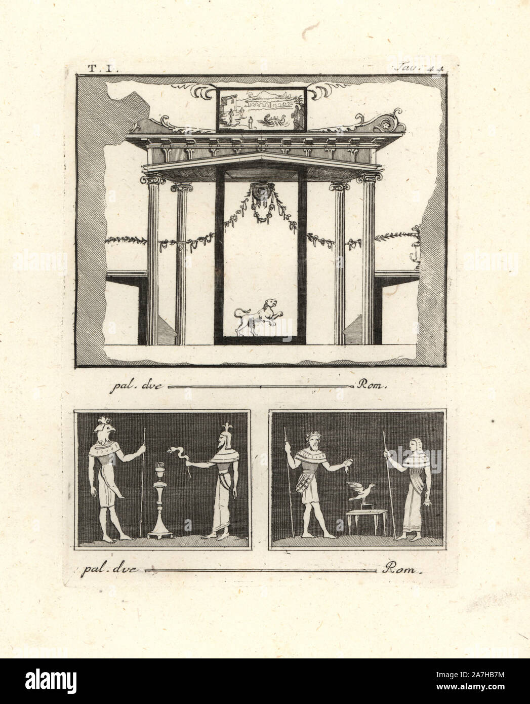 La peinture de l'architecture d'un vestibule. Les colonnes ont des chapiteaux ioniques mais pas de bases, et la corniche de modillons et d'ornement a rapprocher de triglyphes le Doric. Vous trouverez ci-dessous deux illustrations montrant dieux égyptiens : Osiris et prêtre et serpent, et Osiris et Isis. Gravée sur cuivre par Tommaso Piroli à partir de son propre 'Antichita di Ercolano" (antiquités d'Herculanum), Rome, 1789. L'artiste italien et graveur Piroli (1752-1824) a publié six volumes entre 1789 et 1807 documentation les peintures murales et des bronzes trouvés dans Heraculaneum et Pompéi. Banque D'Images