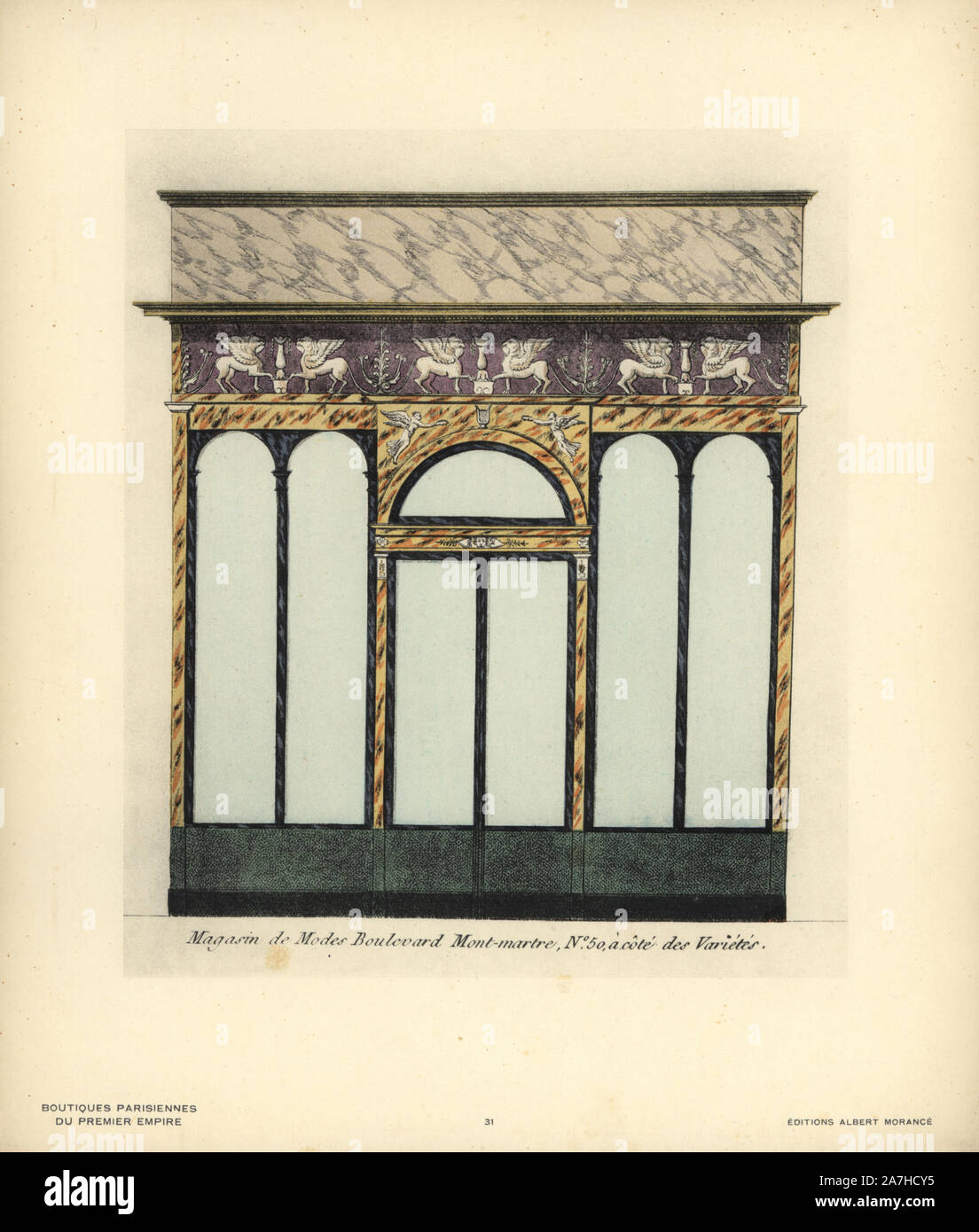 Shopfront de boutique de mode, 50 Boulevard Montmartre, à côté du Théâtre  des Variétés, Paris, vers 1800. Lithographie coloriée de Hector-Martin  Lefuel's 'boutiques parisiennes du Premier Empire,' (magasins parisiens du  Premier Empire),