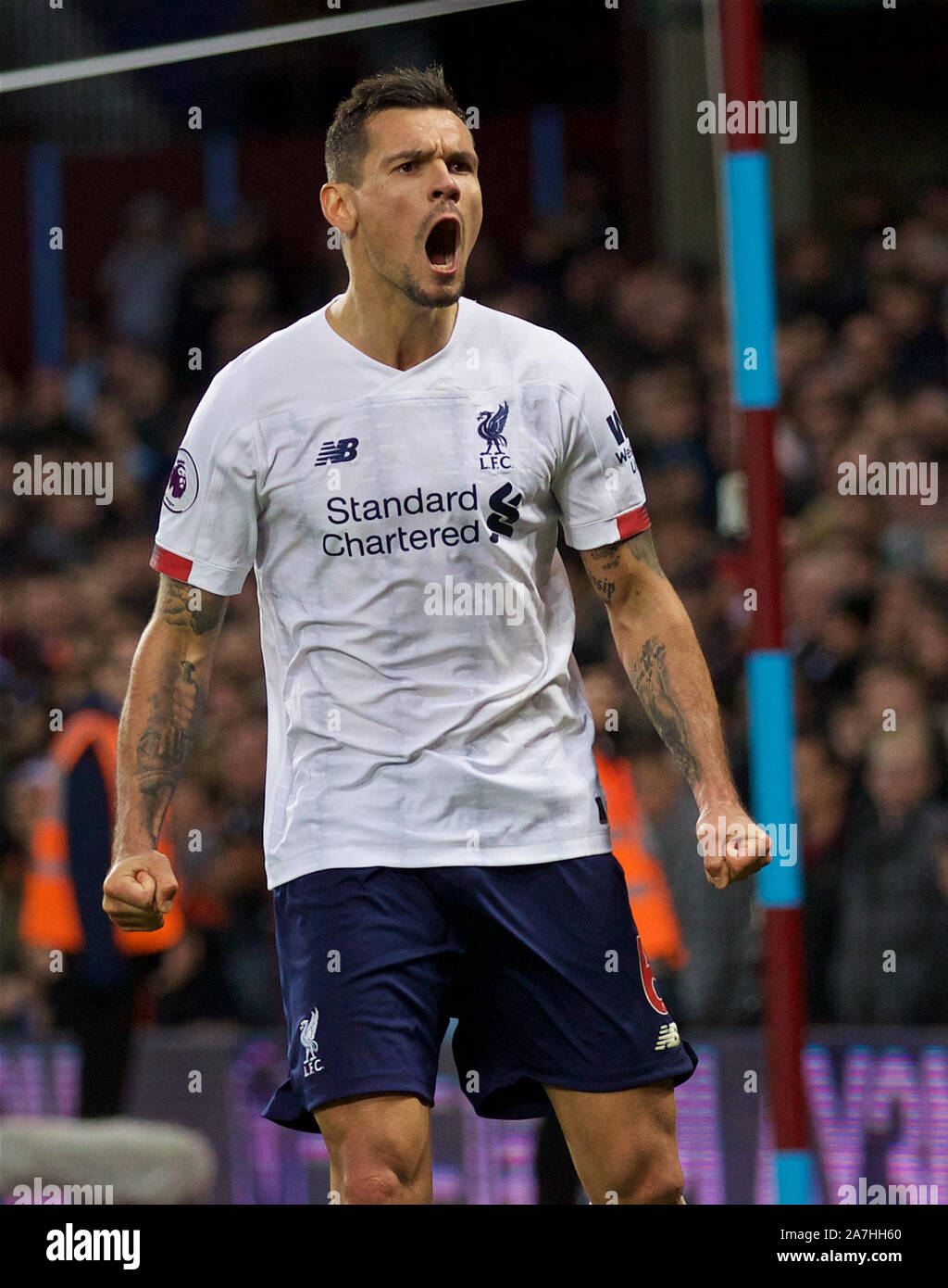 Birmingham. 29Th sep 2019. Dejan Lovren de Liverpool célèbre dans le temps additionnel au cours de l'English Premier League match entre Aston Villa et Liverpool à Birmingham, Grande-Bretagne le 2 novembre 2019. Pour un usage éditorial uniquement. Pas À VENDRE À DES FINS DE MARKETING OU DE CAMPAGNES PUBLICITAIRES. Pas d'utilisation non autorisée avec l'AUDIO, VIDÉO, données, listes de luminaire, club ou la Ligue de logos ou services 'LIVE'. En ligne De-MATCH UTILISATION LIMITÉE À 45 IMAGES, aucune émulation. Aucune UTILISATION DE PARI, DE JEUX OU D'UN CLUB OU LA LIGUE/DVD PUBLICATIONS. Source : Xinhua/Alamy Live News Banque D'Images