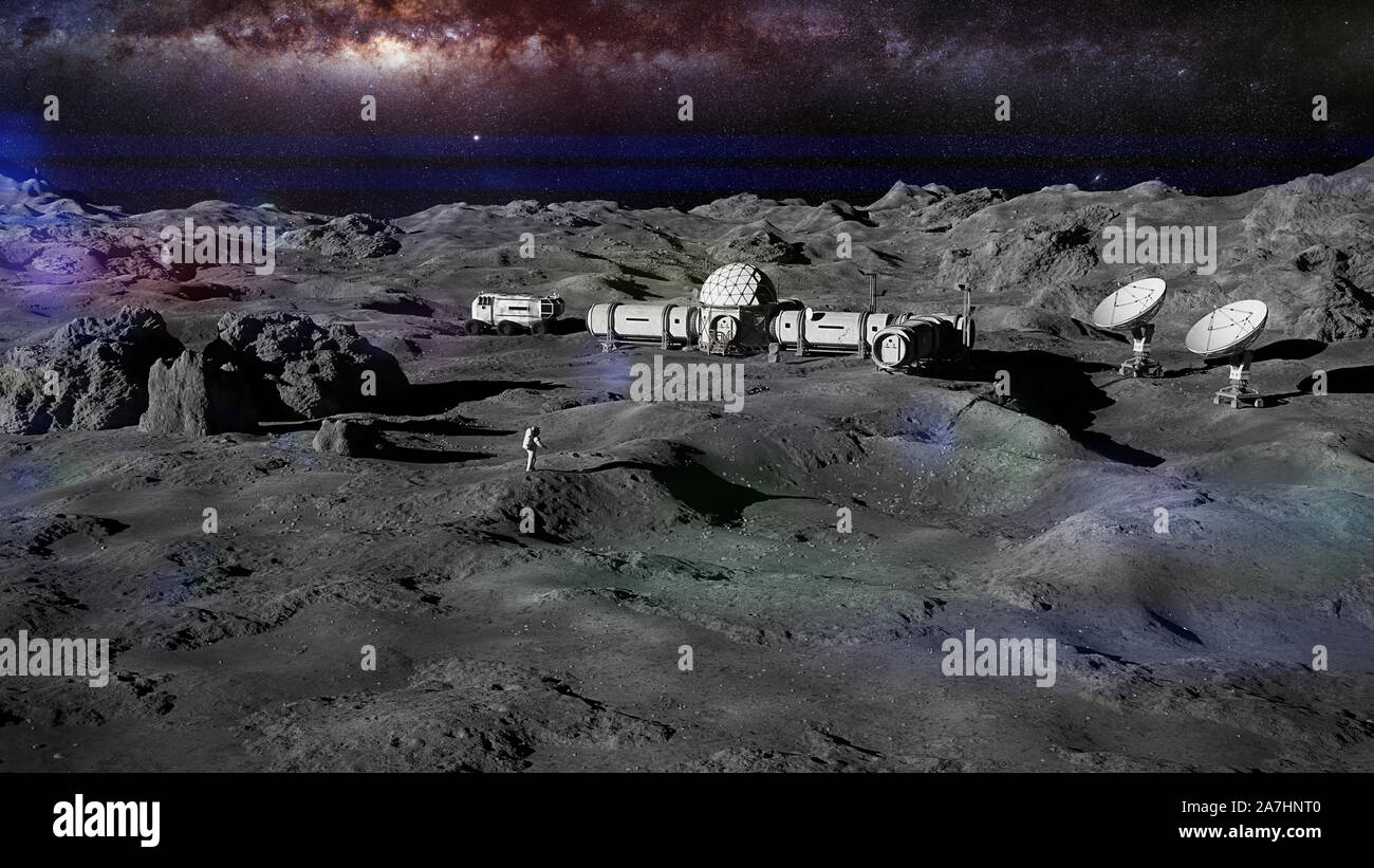 Astronaute sur la surface de la Lune, paysage lunaire avec une base permanente Banque D'Images