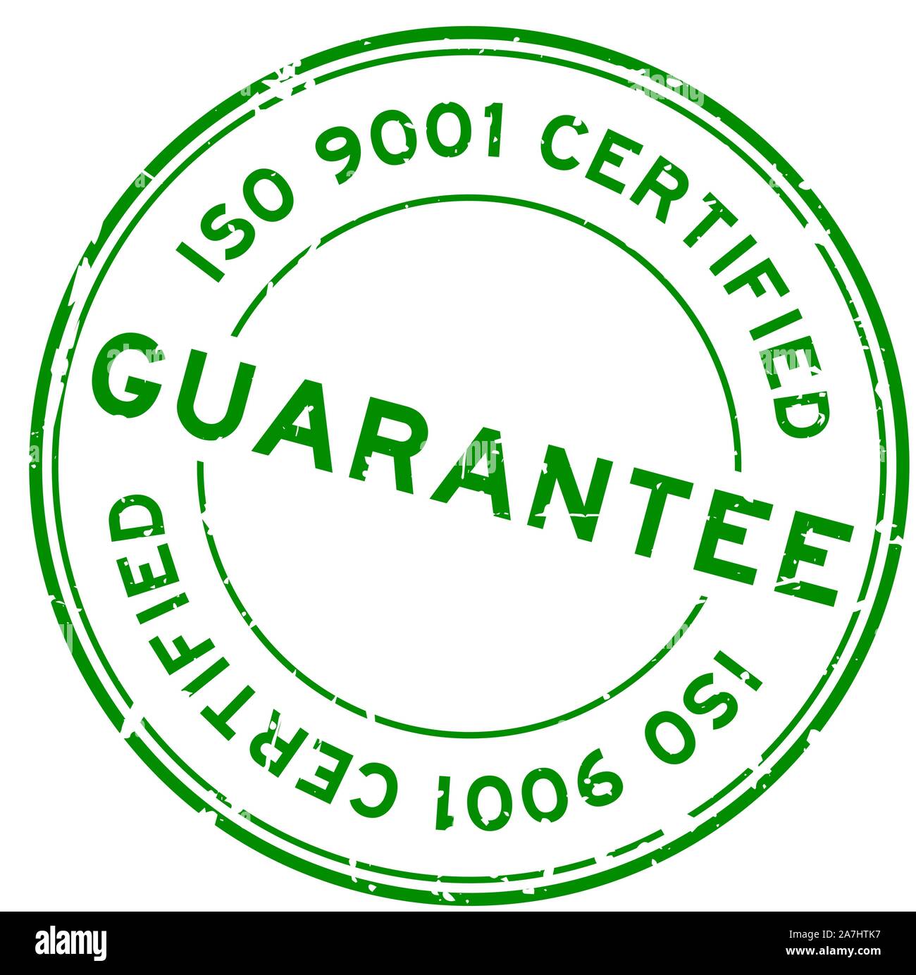 Grunge green garantie certifiée ISO 9001 word joint en caoutchouc rond tampon sur fond blanc Illustration de Vecteur