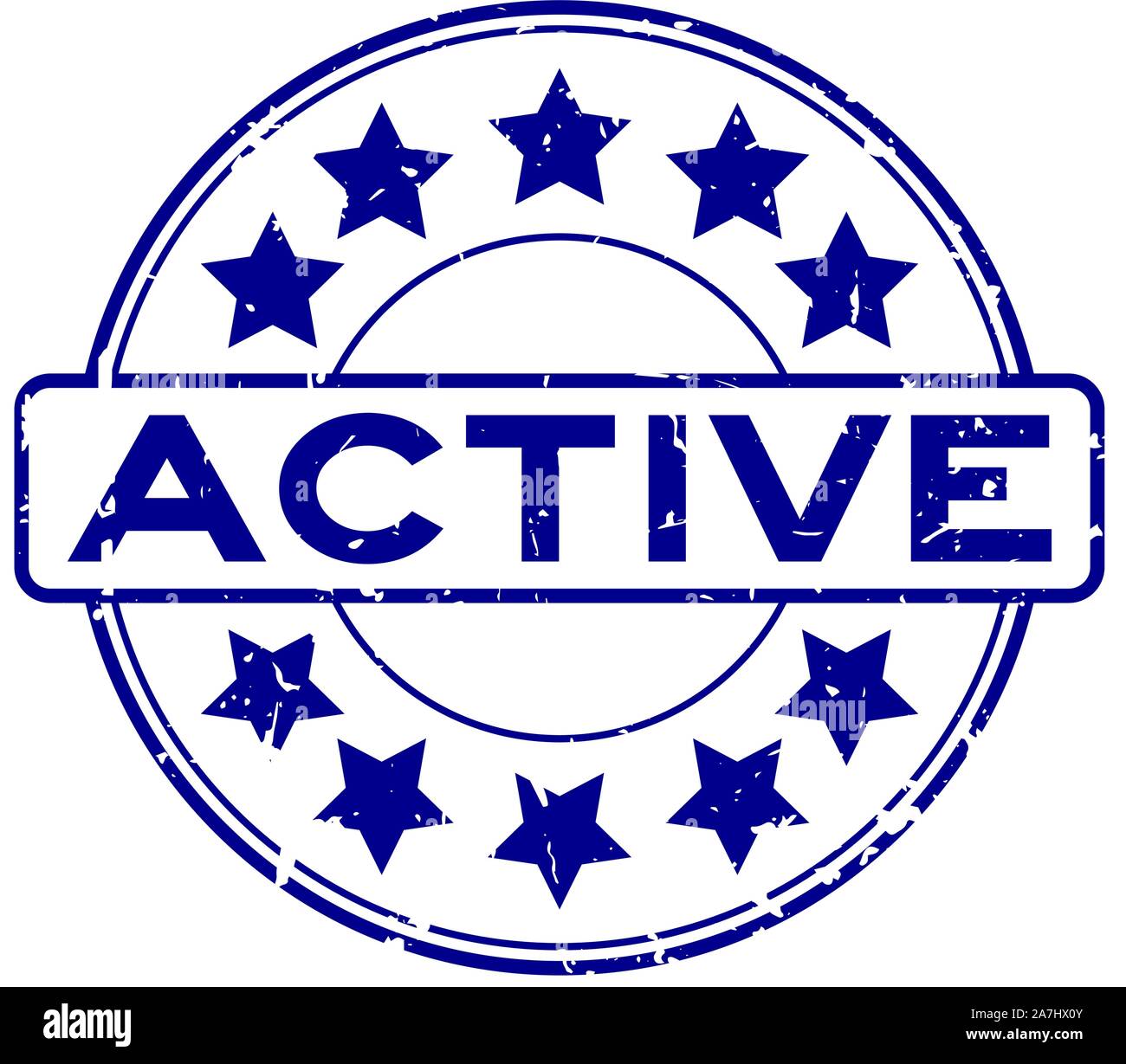Grunge blue mot active avec joint en caoutchouc rond icône étoile stamp sur fond blanc Illustration de Vecteur