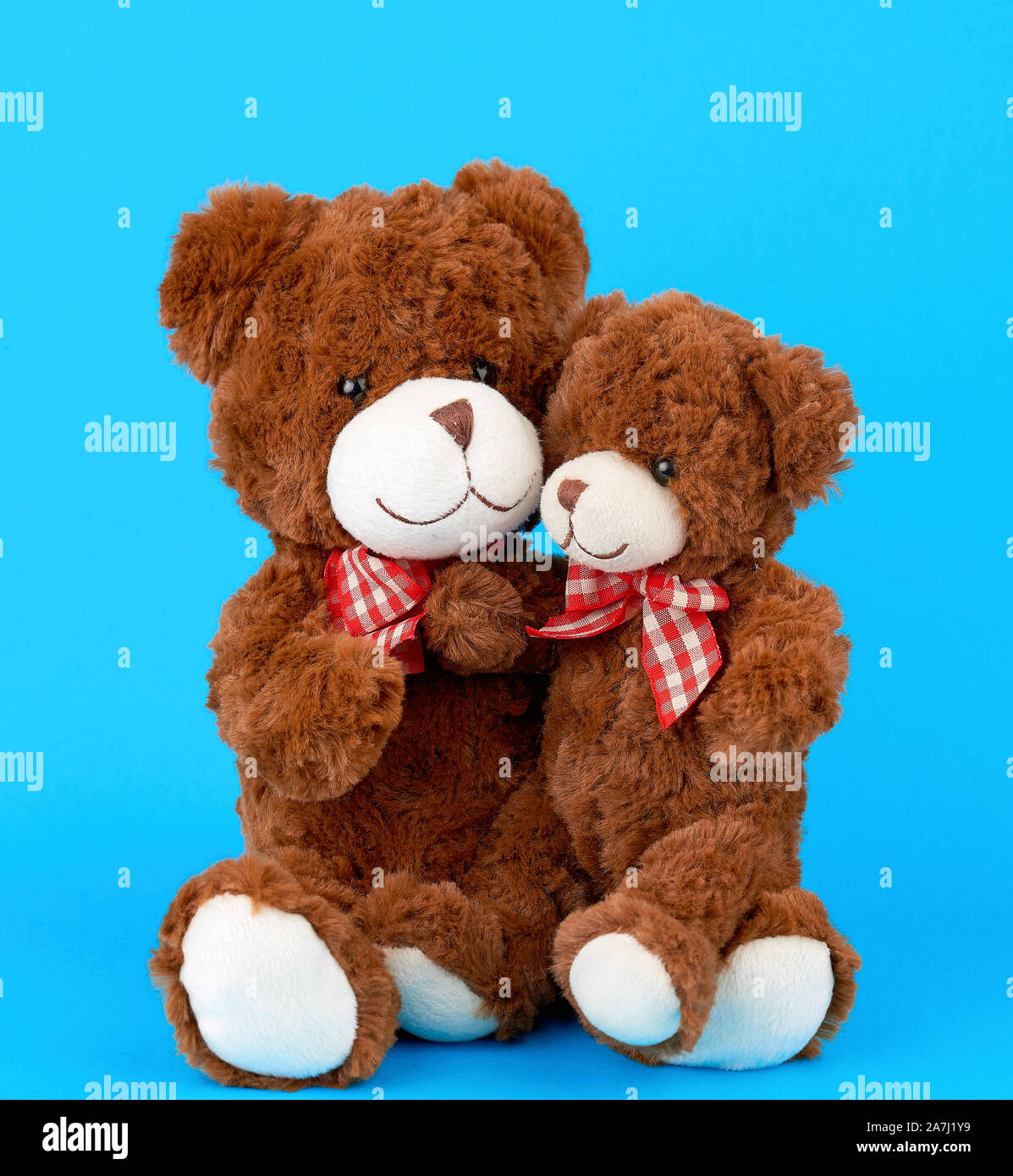 Deux ours brun avec des arcs attachée autour de leur cou, un petit ours assis dans les bras d'un grand, le concept de la famille et de l'amour Banque D'Images