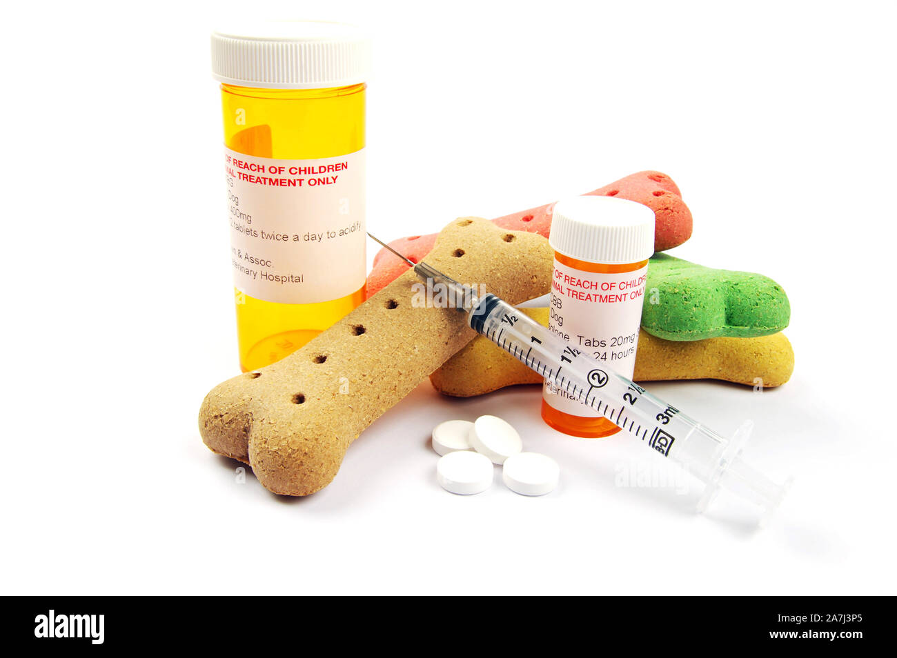 Médicaments pour animaux et des os de chien de couleur sur fond blanc Banque D'Images