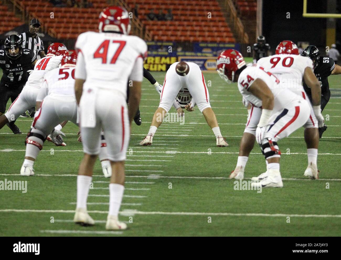 2 novembre 2019 - au cours d'un match entre le fresno State Bulldogs et le Kansas Rainbow Warriors à l'Aloha Stadium d'Honolulu, HI - Michael Sullivan/CSM. Banque D'Images