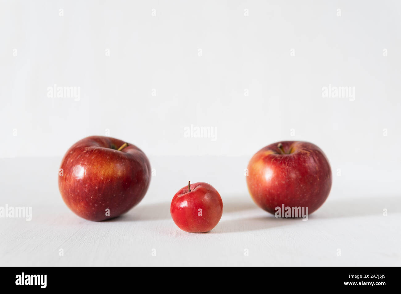 Parent de remorquage avec un bébé pommes pomme sur fond rouge, Conceptual image de famille avec enfant Banque D'Images