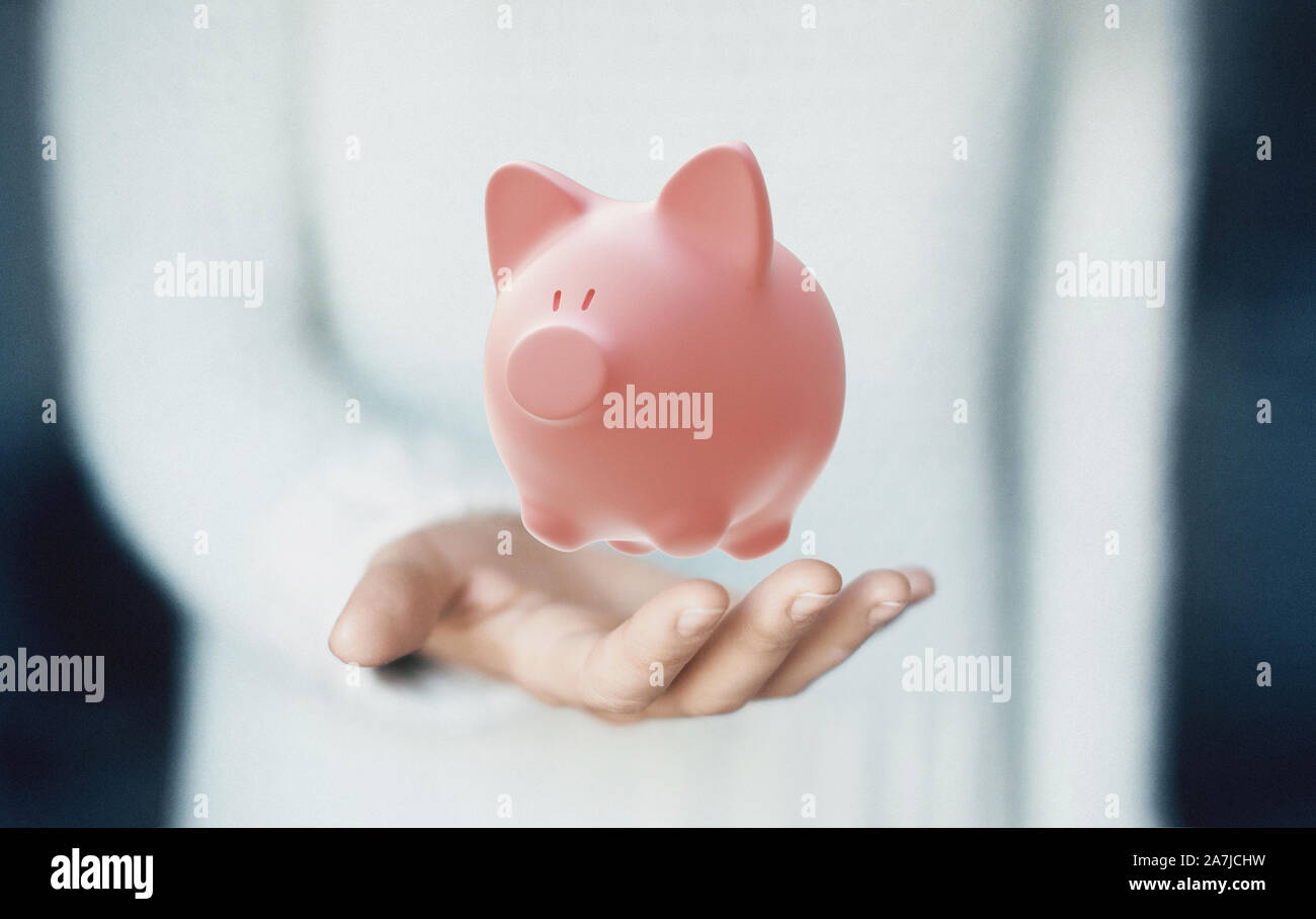 Pink piggy bank, concept d'épargne. Le rendu 3D Banque D'Images