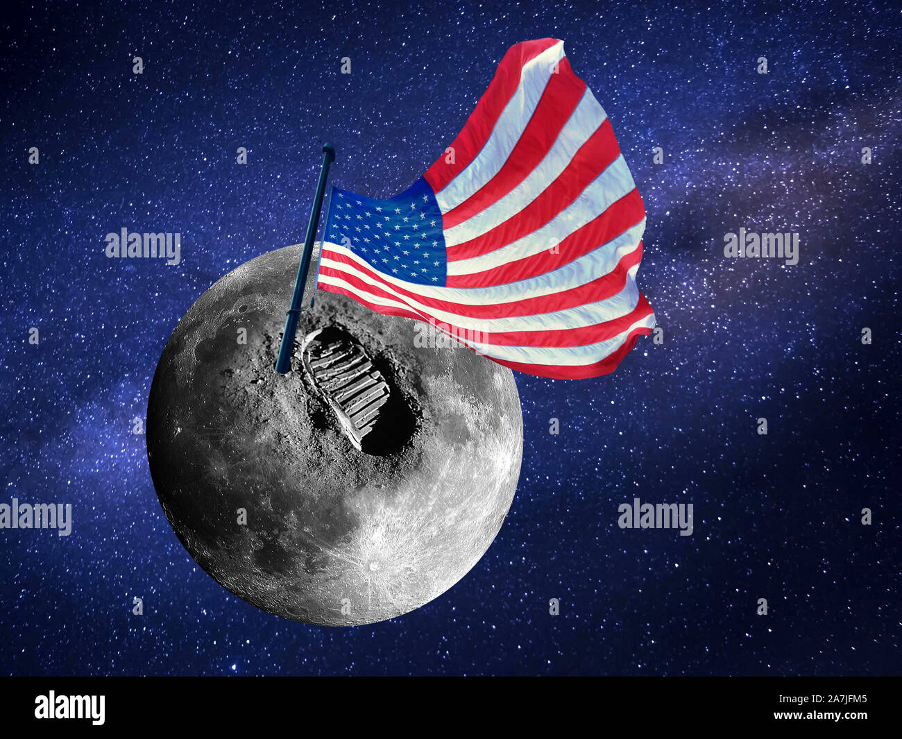 Grande empreinte ou de l'étape et usa drapeau sur la surface de la Lune dans l'univers. Éléments de l'image aimablement fournie par la NASA. Banque D'Images