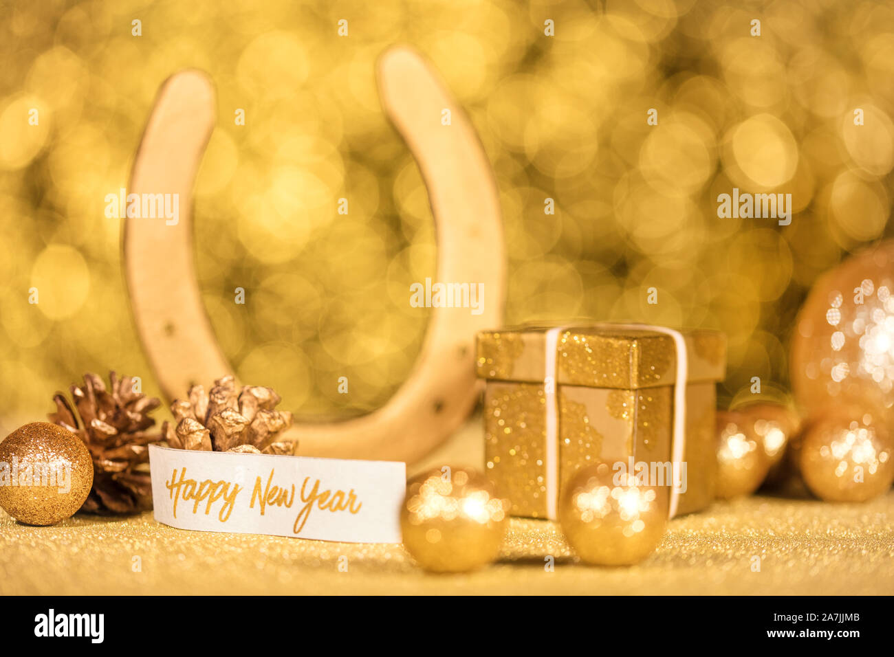 Bonne année, décoration d'or avec texte Banque D'Images