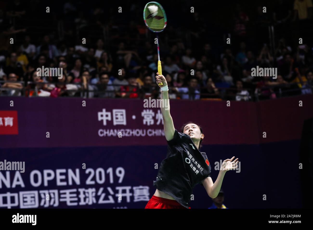 Joueur de badminton professionnel chinois Cai Yanyan rivalise contre joueur de badminton professionnel sud-coréen Sung Ji-hyun à la première ronde des femmes" Banque D'Images