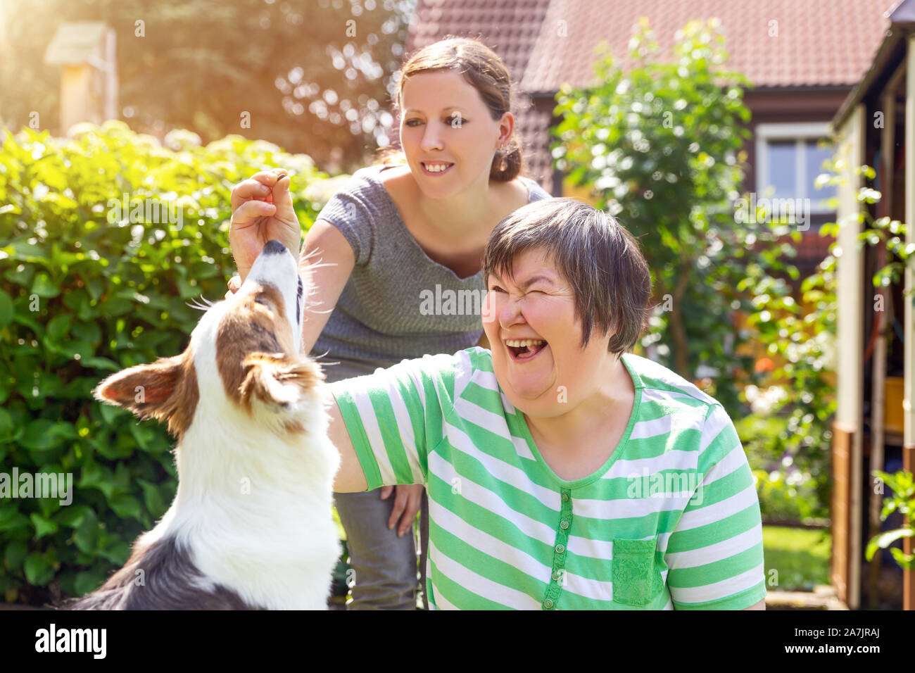 Femme handicapée mentale avec une deuxième femme et chien de compagnie, l'apprentissage par la notion d'aide à la vie des animaux Banque D'Images