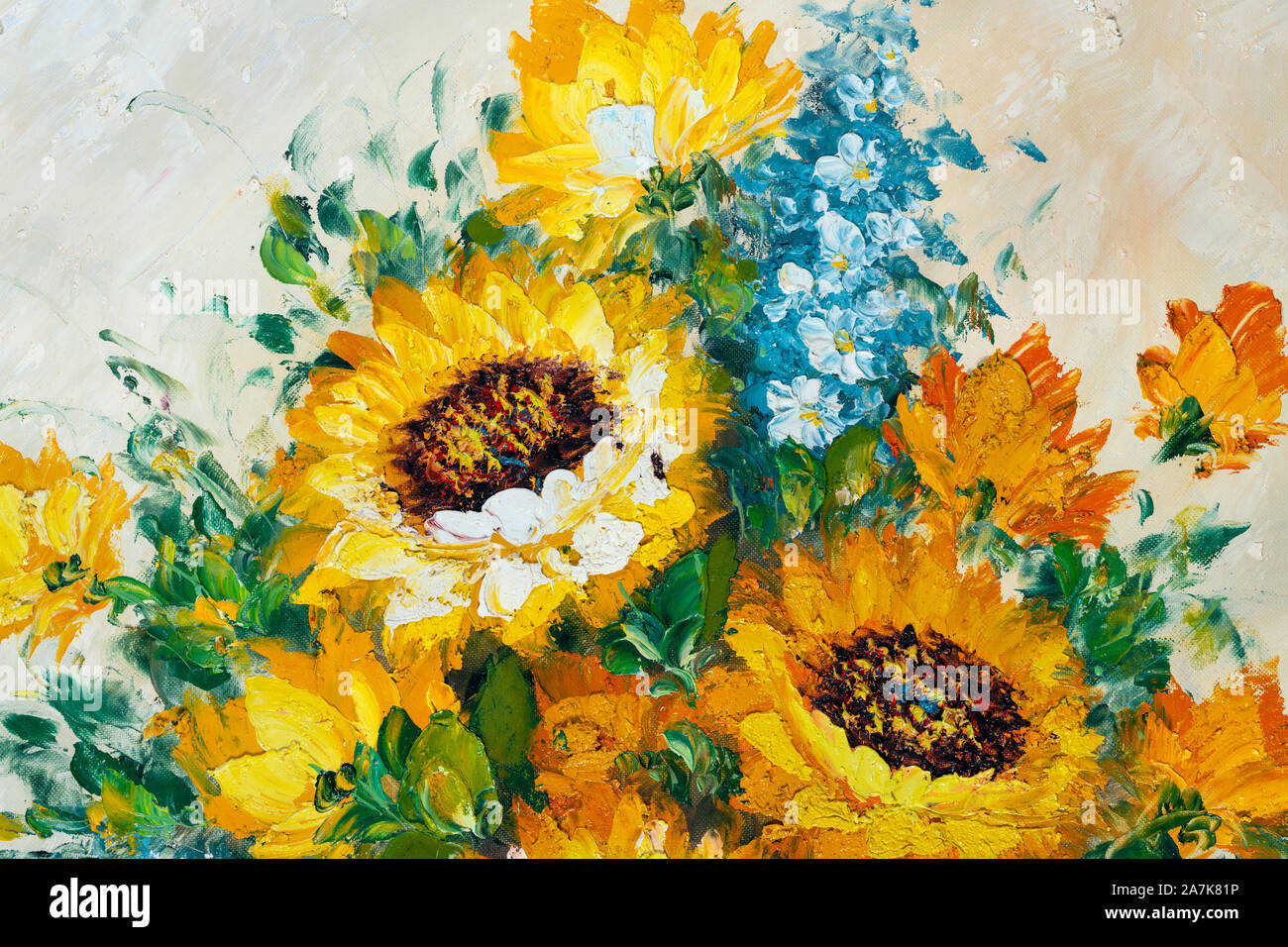 Close up fragment de peinture à l'huile fleurs artistiques de l'image. Macro fleurs au couteau. La texture de la peinture à l'huile mélangée de grandes fleurs. Banque D'Images