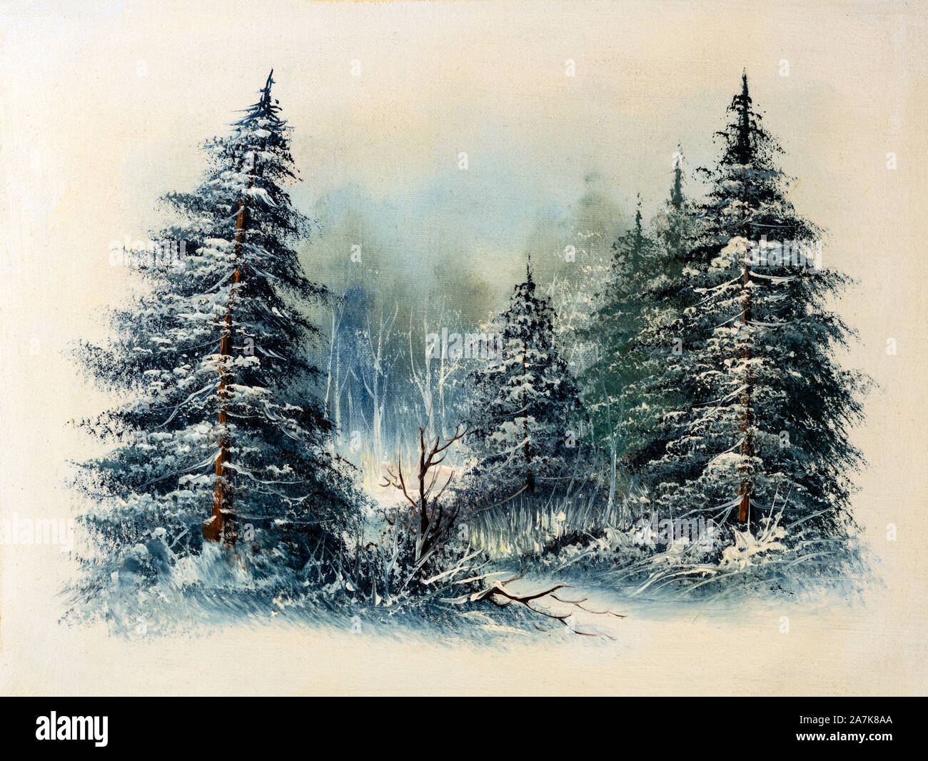 Evergreen neige-couvertes de pins dans une forêt, scène d'hiver peinture à l'huile. Concept de Noël. Banque D'Images