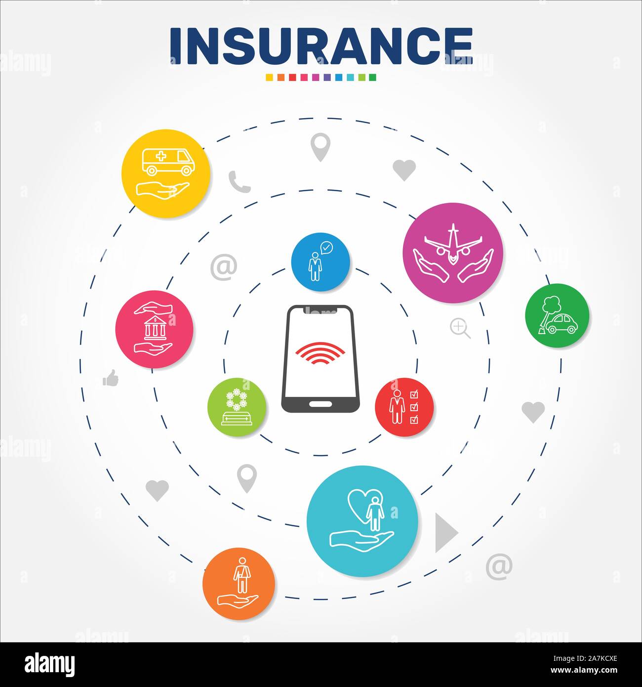 Vecteur conception infographiques d'assurance. Concept de montage : l'assurance médicale, assurance accident, assurance voyage d'icônes. Peut être utilisé pour rapport Illustration de Vecteur