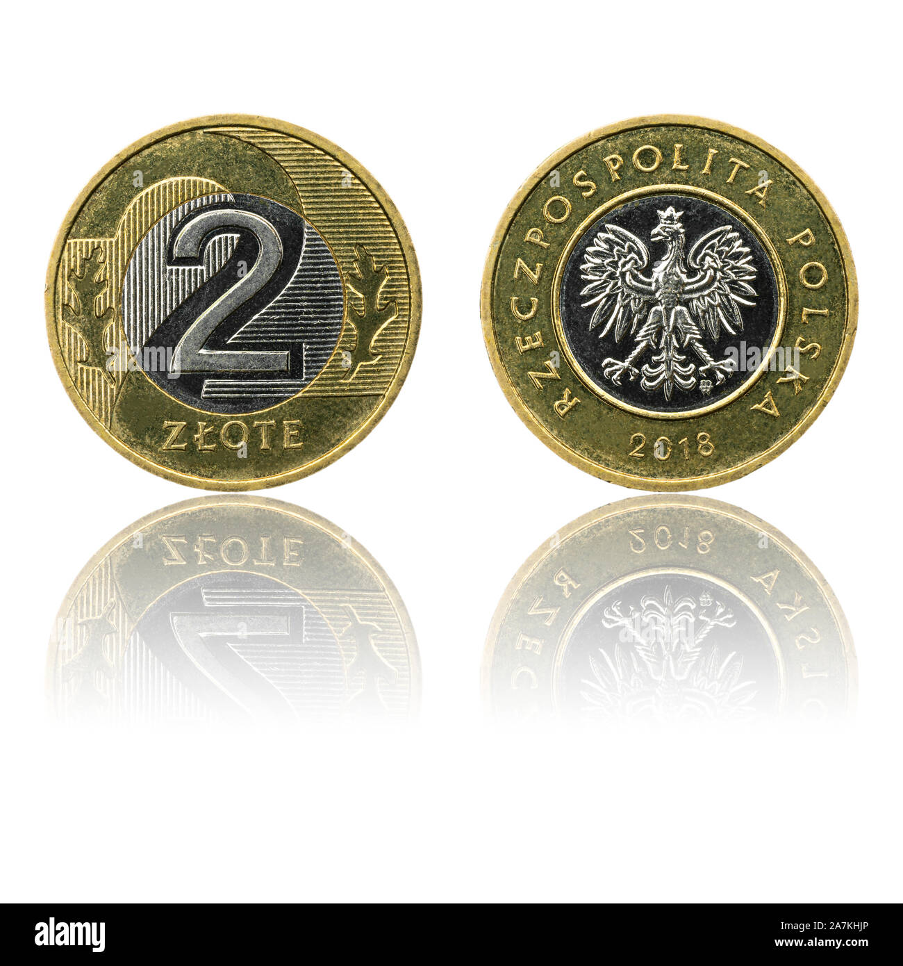 Pièce de monnaie polonaise 2 zl PLN (ou 'złoty') isolé sur fond blanc avec la réflexion. L'avers et revers. Banque D'Images