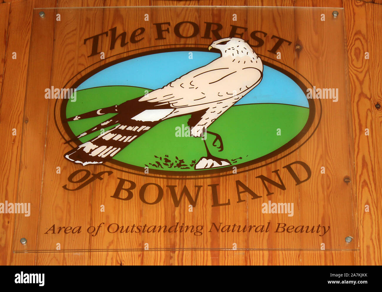 La forêt de Bowland AONB Signer Avec Busard Saint-Martin au centre des visiteurs de Bowland, Beacon est tombé Country Park, Lancashire, UK Banque D'Images