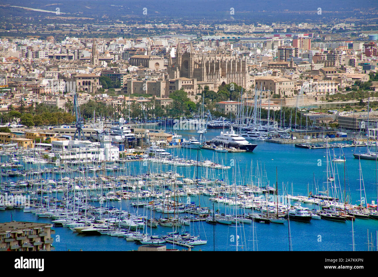 Vue depuis le château de Bellver sur port et vieille ville, la cathédrale La Seu, Palma, Palma de Mallorca, Majorque, îles Baléares, Espagne Banque D'Images