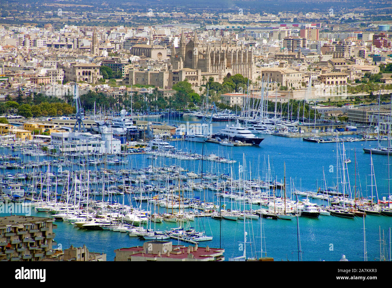 Vue depuis le château de Bellver sur port et vieille ville, la cathédrale La Seu, Palma, Palma de Mallorca, Majorque, îles Baléares, Espagne Banque D'Images