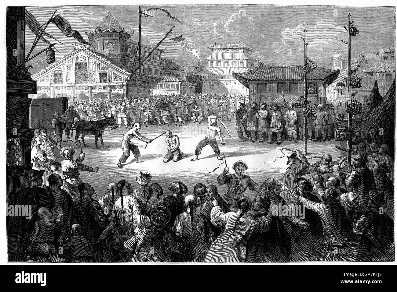 Exécution du grand mandarin Sou Chouen (Sou-Chouen Su-Tchouen Tchouen, Su,), d'après un récit de voyage de Madame de Michel Propper, Chine. Gravure de Bay Banque D'Images