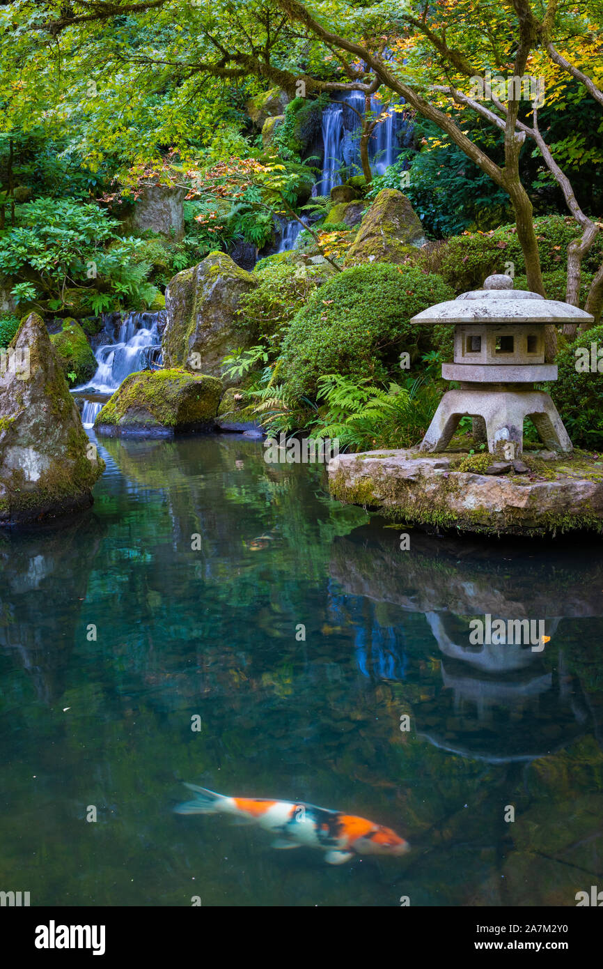Le jardin japonais de Portland est un jardin traditionnel japonais occupant 12 hectares, situé à l'intérieur de Washington Park des collines à l'ouest de Portland, Oregon Banque D'Images