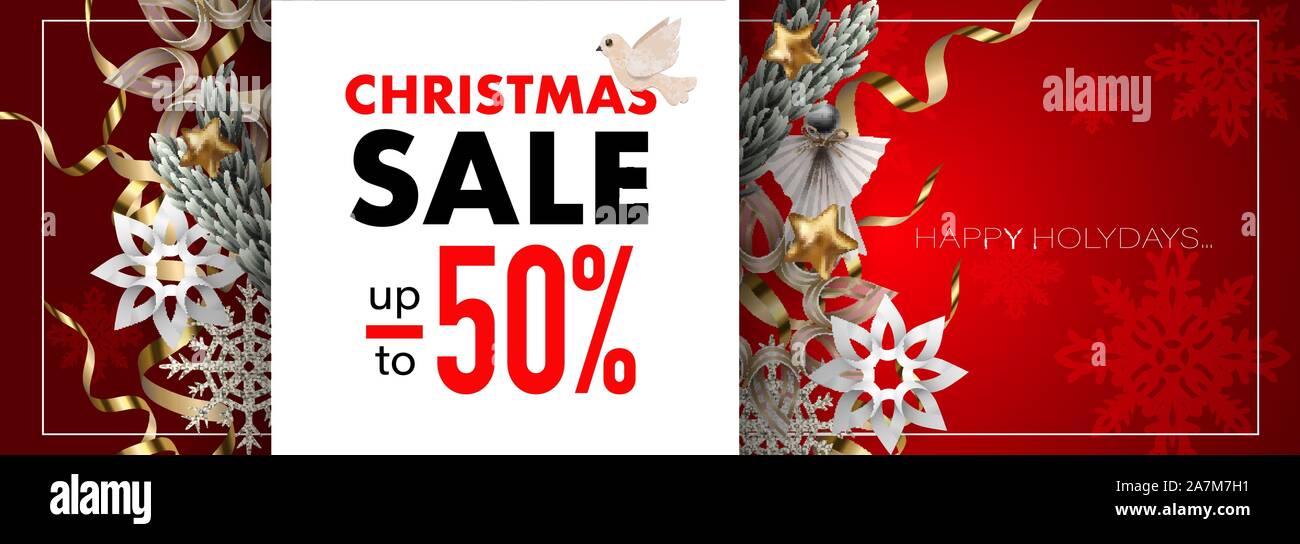 Vente de Noël bannière avec des flocons, des ballons et des pins. Vecteur. Illustration de Vecteur