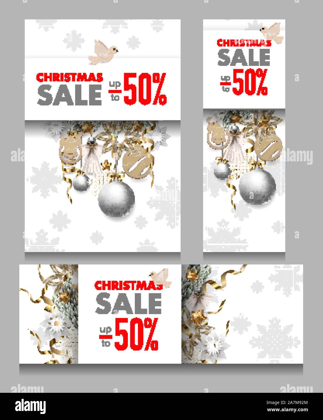 Vente de Noël bannière avec des flocons, des ballons et des pins. Vecteur. Illustration de Vecteur